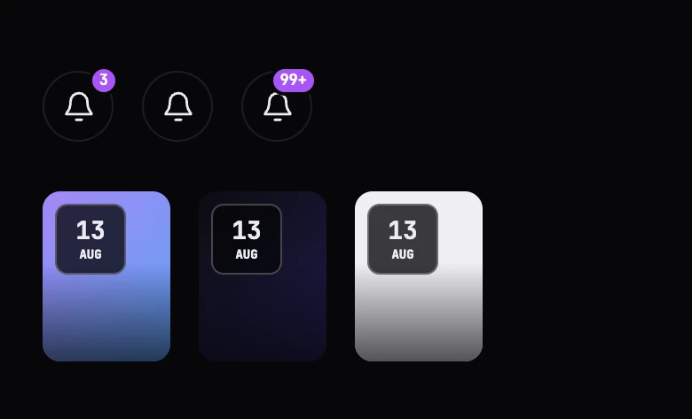 Notification bells with unread counts, and event date chips over light and dark artwork