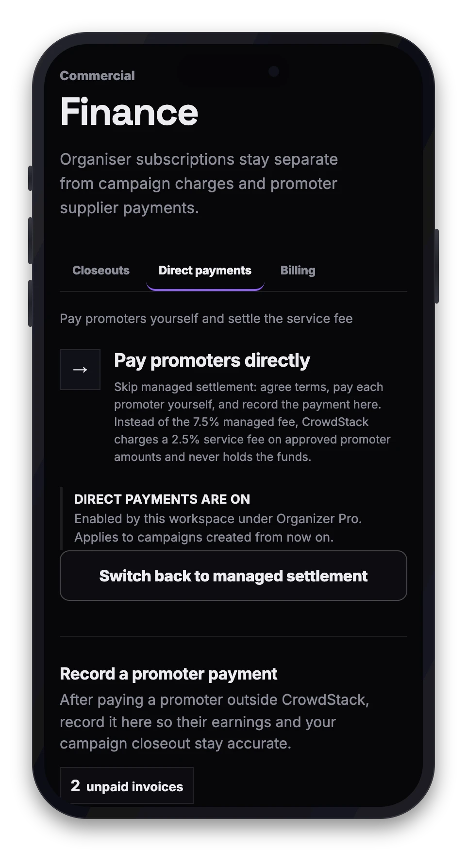 The Direct payments tab in Finance with the pay-promoters-directly explainer, the direct payments toggle and the start of the record-a-promoter-payment console