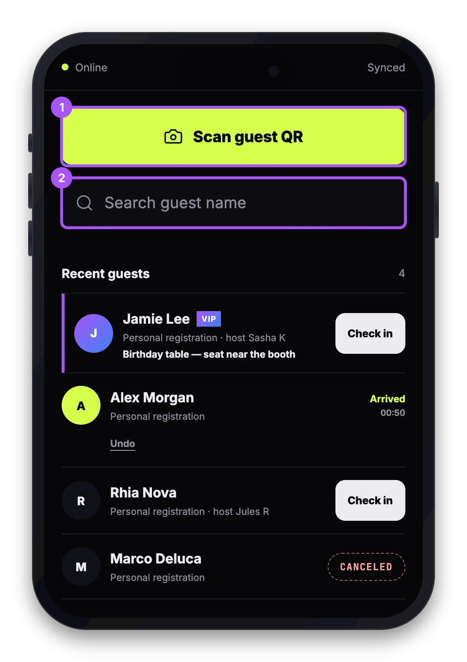 The door scanner with the scan button at the top and guest search below