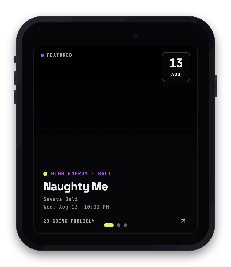 An event card with its image carousel dots and the number going publicly