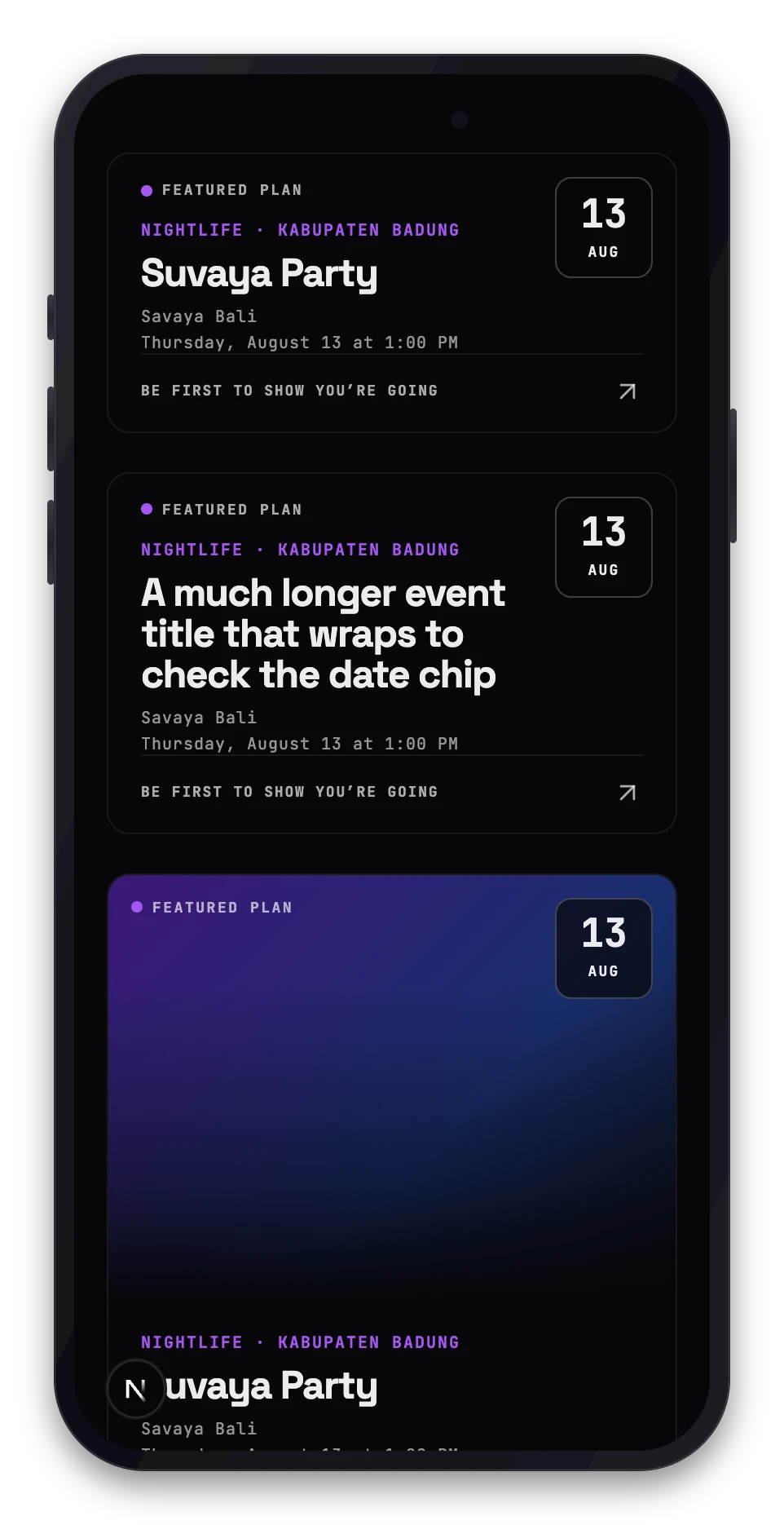 Featured event cards in Discover showing the date chip, venue and time