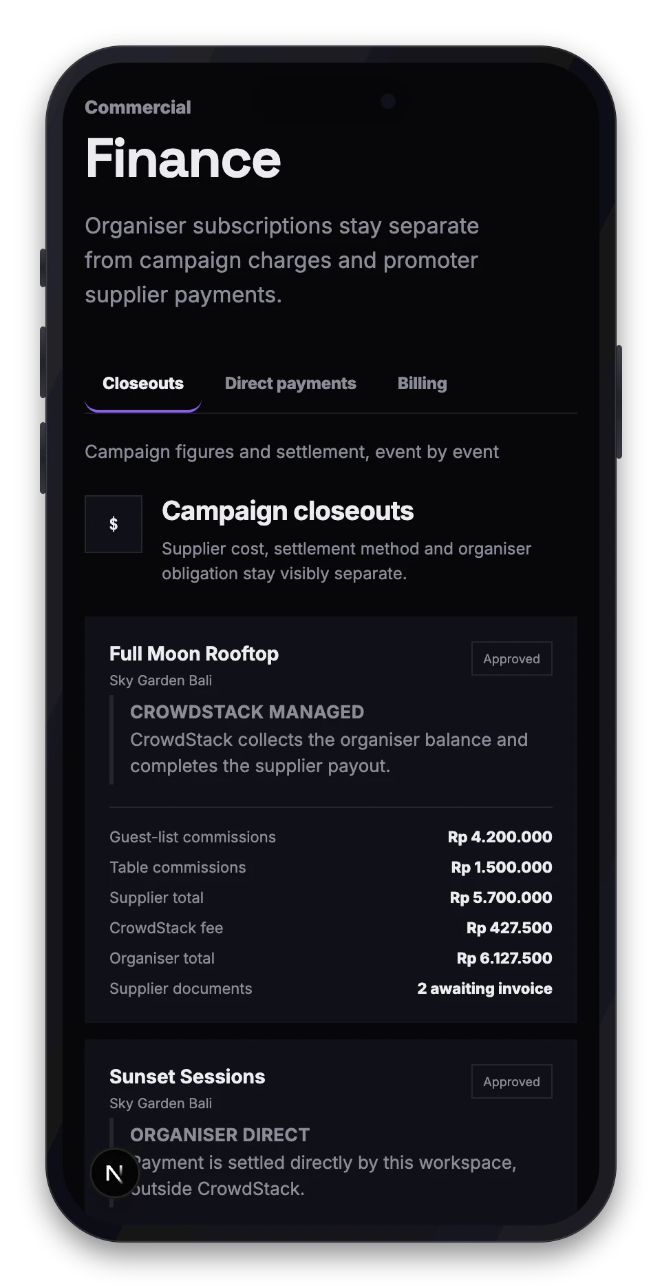 The finance screen with Closeouts, Direct payments and Billing tabs above a campaign closeout card