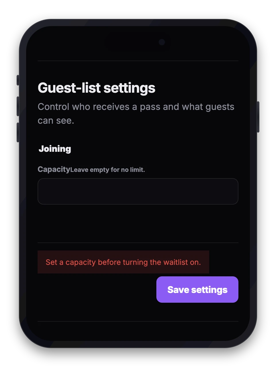 The guest-list settings form with the capacity field, a waitlist warning and the Save settings button