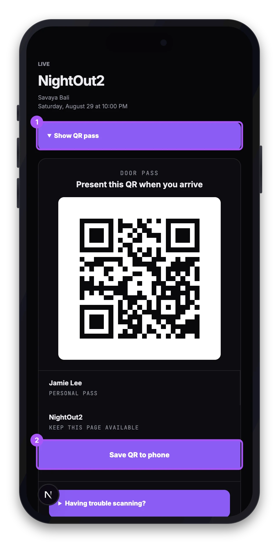A guest pass with the Show QR pass button, the QR code to present at the door, and the Save QR to phone button