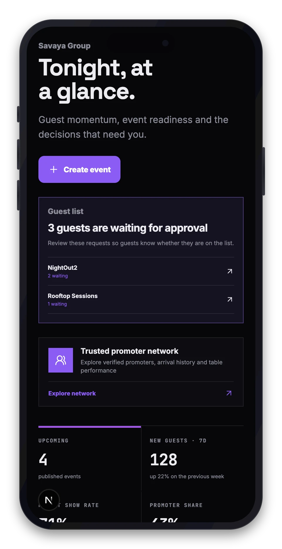 The organiser home screen with guests waiting for approval, the trusted promoter network card and tonight's key numbers