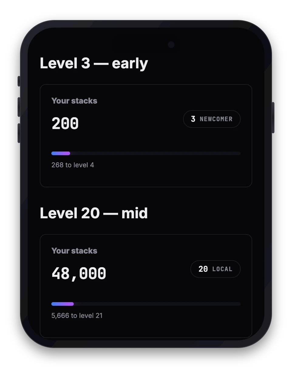 Two stacks meters showing progress to the next level at an early and a mid level